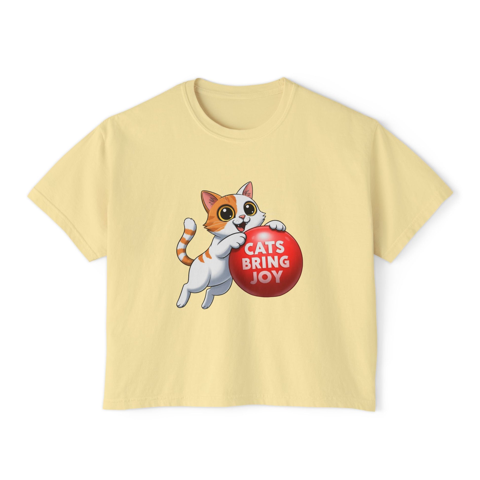 Women's Boxy Tee - 'Cats Bring Joy' Graphic Shirt, Pet Lover Gift, Casual Top, Cat Mom Shirt, Birthday Gift, Animal Lover Apparel