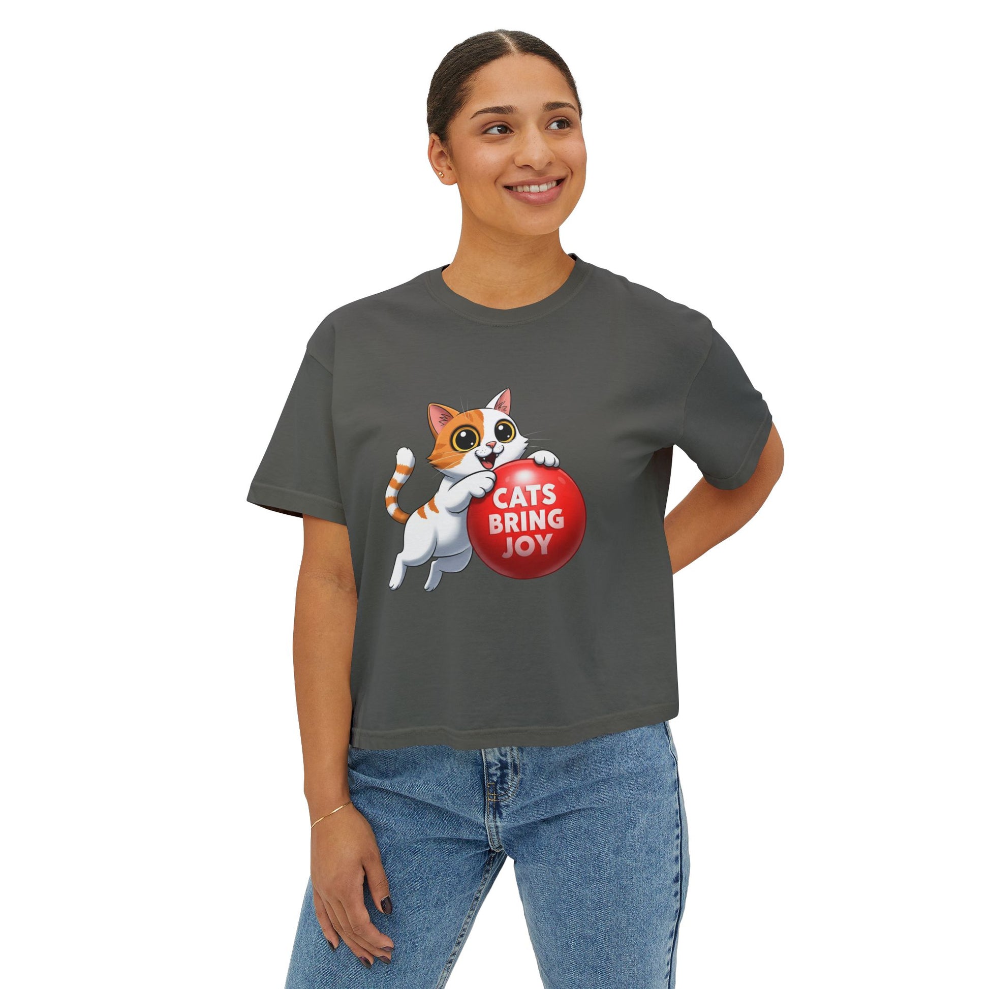 Women's Boxy Tee - 'Cats Bring Joy' Graphic Shirt, Pet Lover Gift, Casual Top, Cat Mom Shirt, Birthday Gift, Animal Lover Apparel