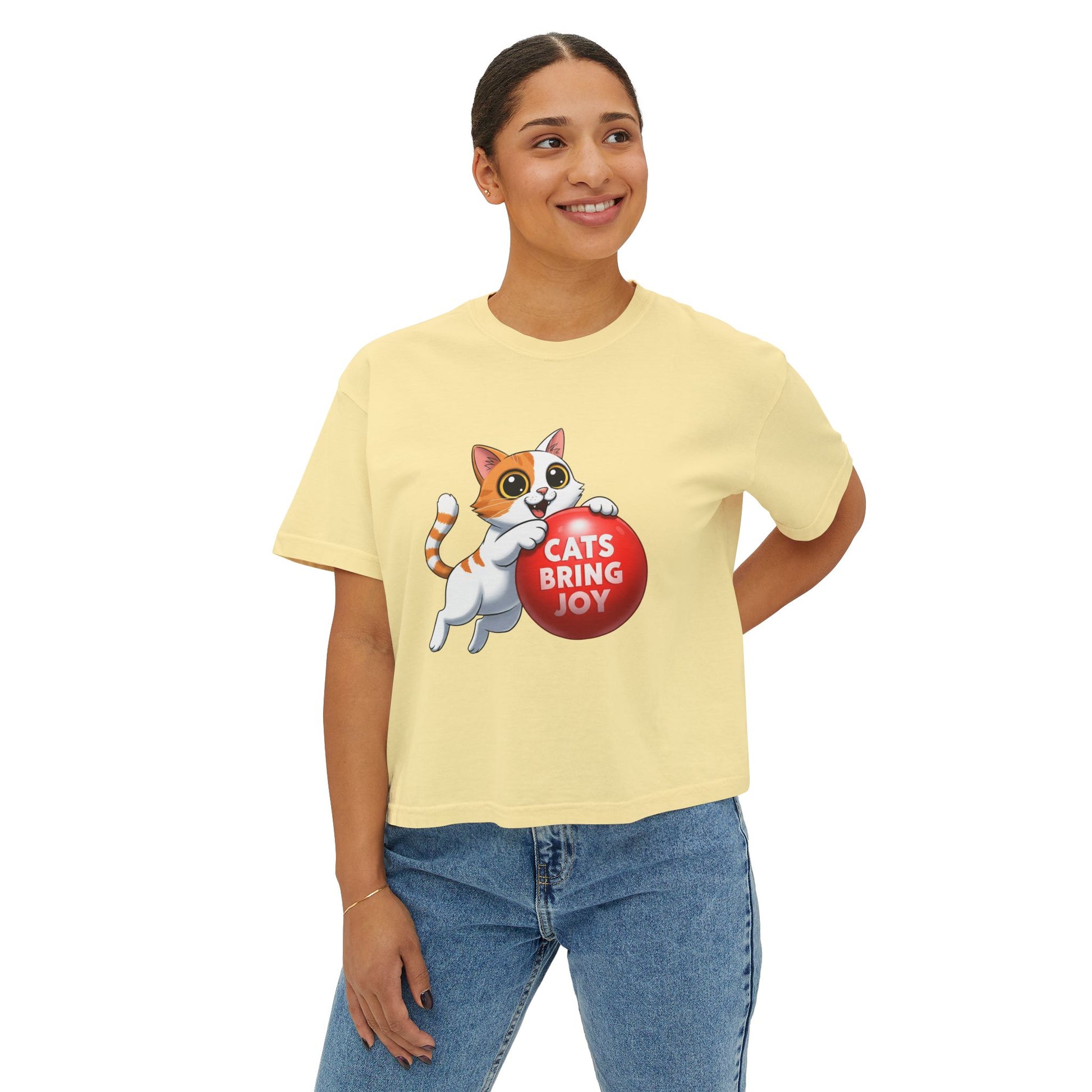 Women's Boxy Tee - 'Cats Bring Joy' Graphic Shirt, Pet Lover Gift, Casual Top, Cat Mom Shirt, Birthday Gift, Animal Lover Apparel