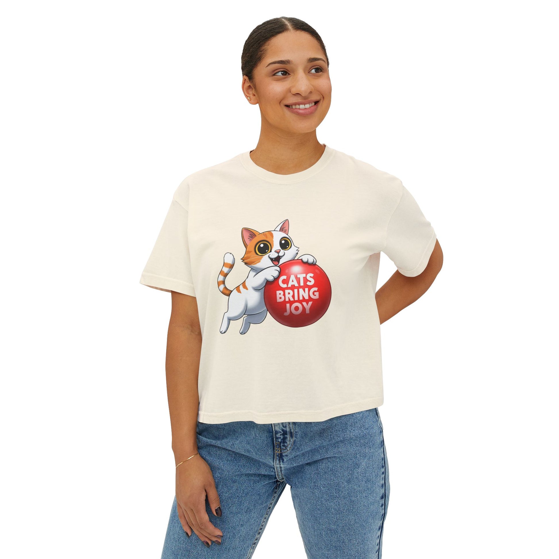 Women's Boxy Tee - 'Cats Bring Joy' Graphic Shirt, Pet Lover Gift, Casual Top, Cat Mom Shirt, Birthday Gift, Animal Lover Apparel