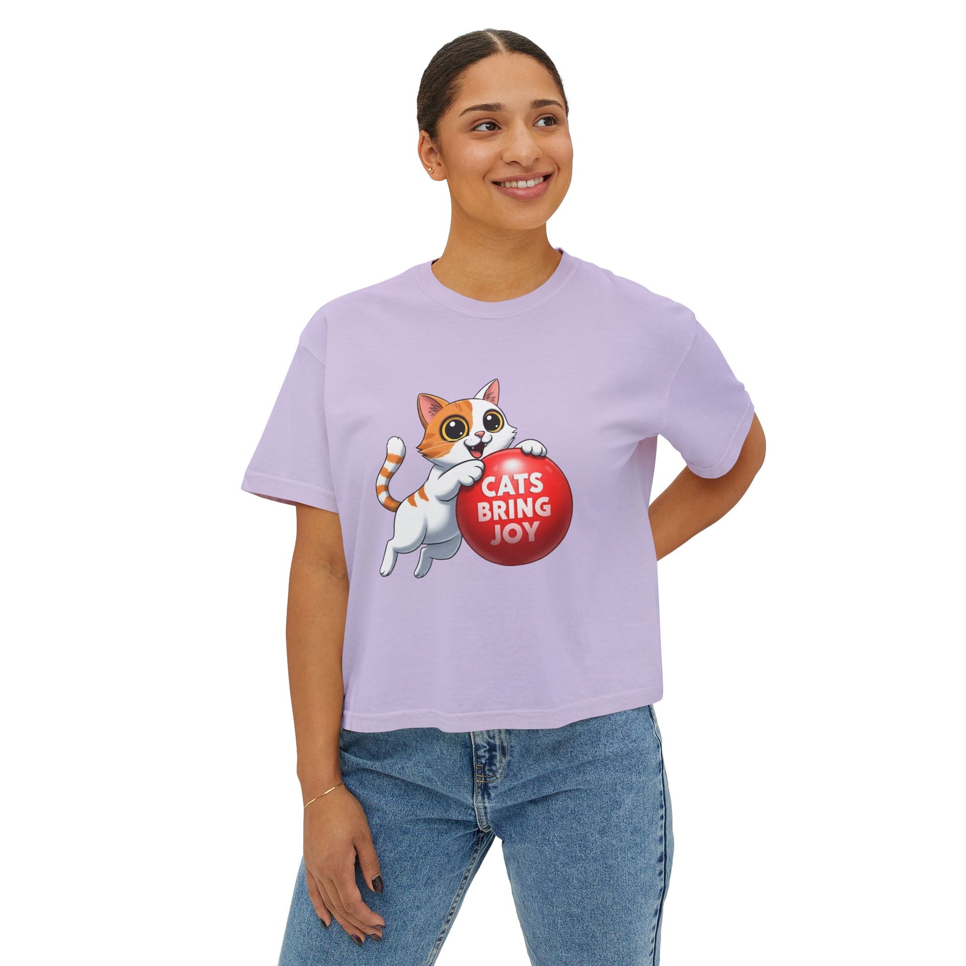 Women's Boxy Tee - 'Cats Bring Joy' Graphic Shirt, Pet Lover Gift, Casual Top, Cat Mom Shirt, Birthday Gift, Animal Lover Apparel