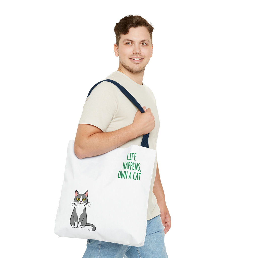 Cat Lover Tote Bag - Life Happens, Own a Cat, Pet Gift, Cat Mom Gift, Animal Lover Accessory, Cute Tote for Cat Owners