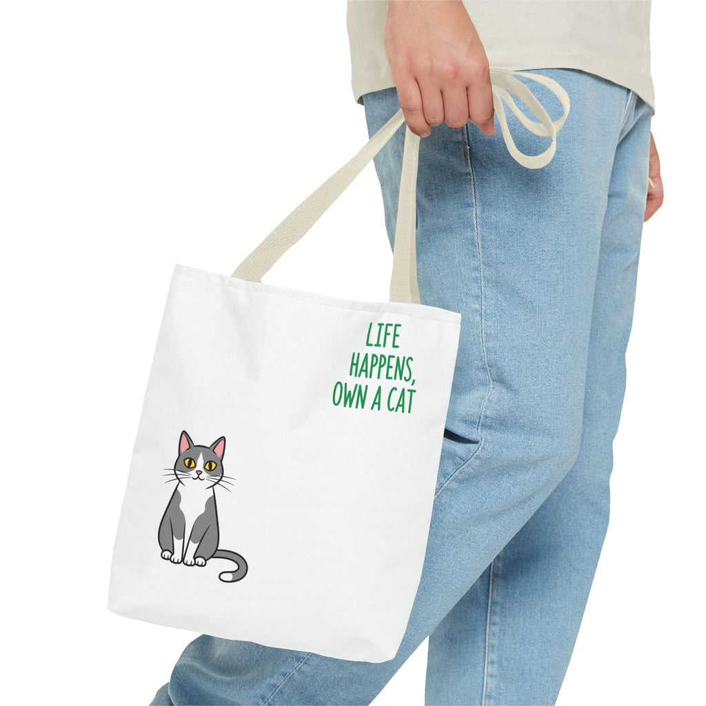 Cat Lover Tote Bag - Life Happens, Own a Cat, Pet Gift, Cat Mom Gift, Animal Lover Accessory, Cute Tote for Cat Owners