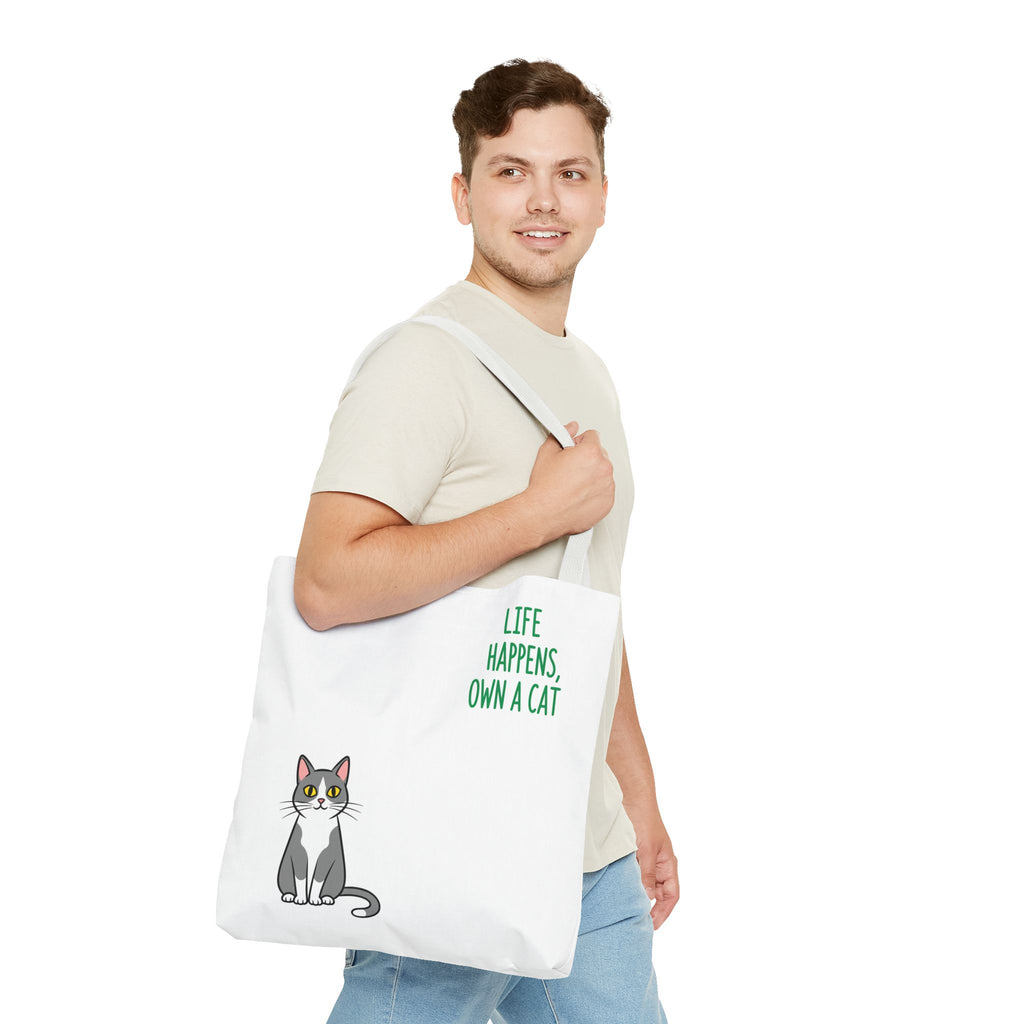 Cat Lover Tote Bag - Life Happens, Own a Cat, Pet Gift, Cat Mom Gift, Animal Lover Accessory, Cute Tote for Cat Owners