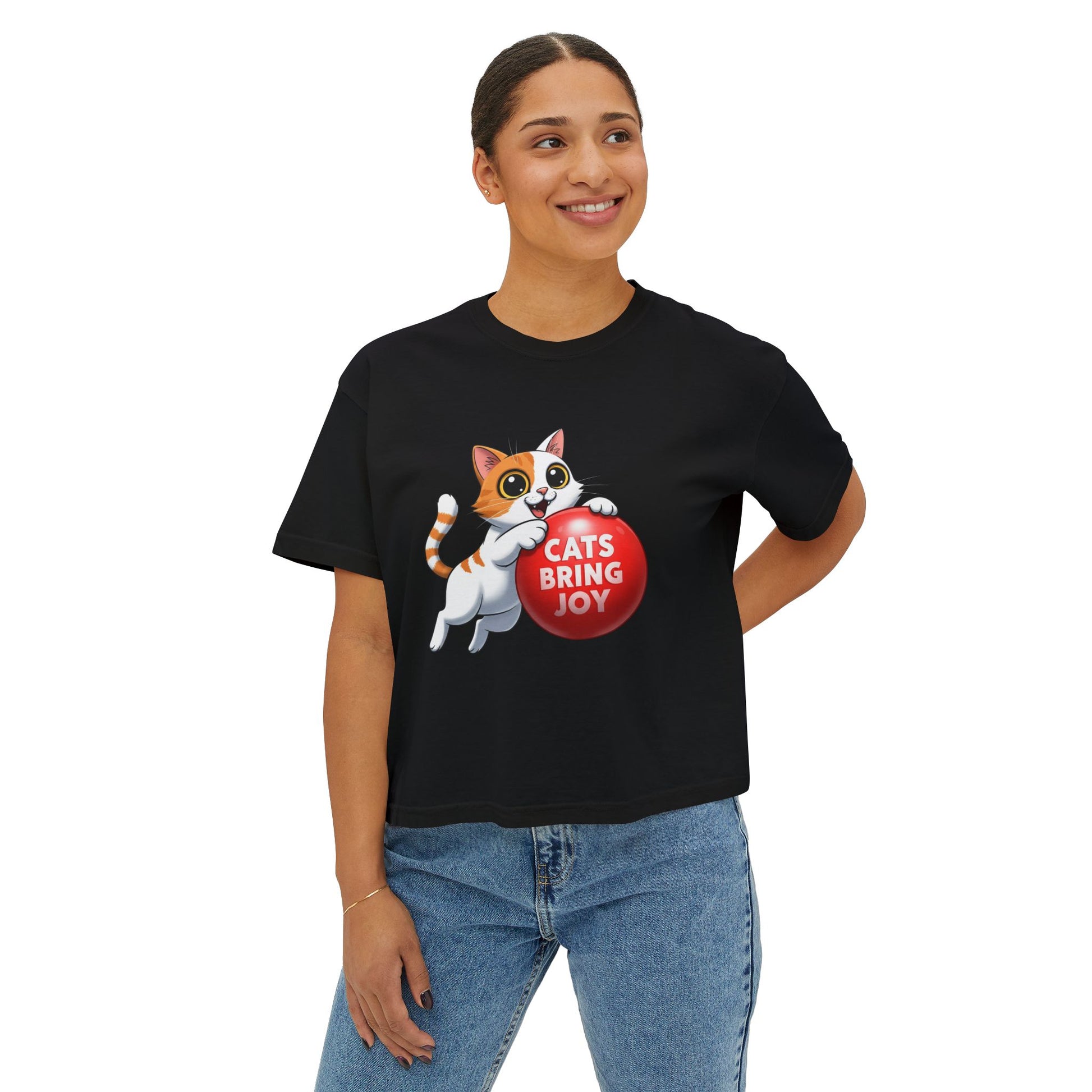 Women's Boxy Tee - 'Cats Bring Joy' Graphic Shirt, Pet Lover Gift, Casual Top, Cat Mom Shirt, Birthday Gift, Animal Lover Apparel