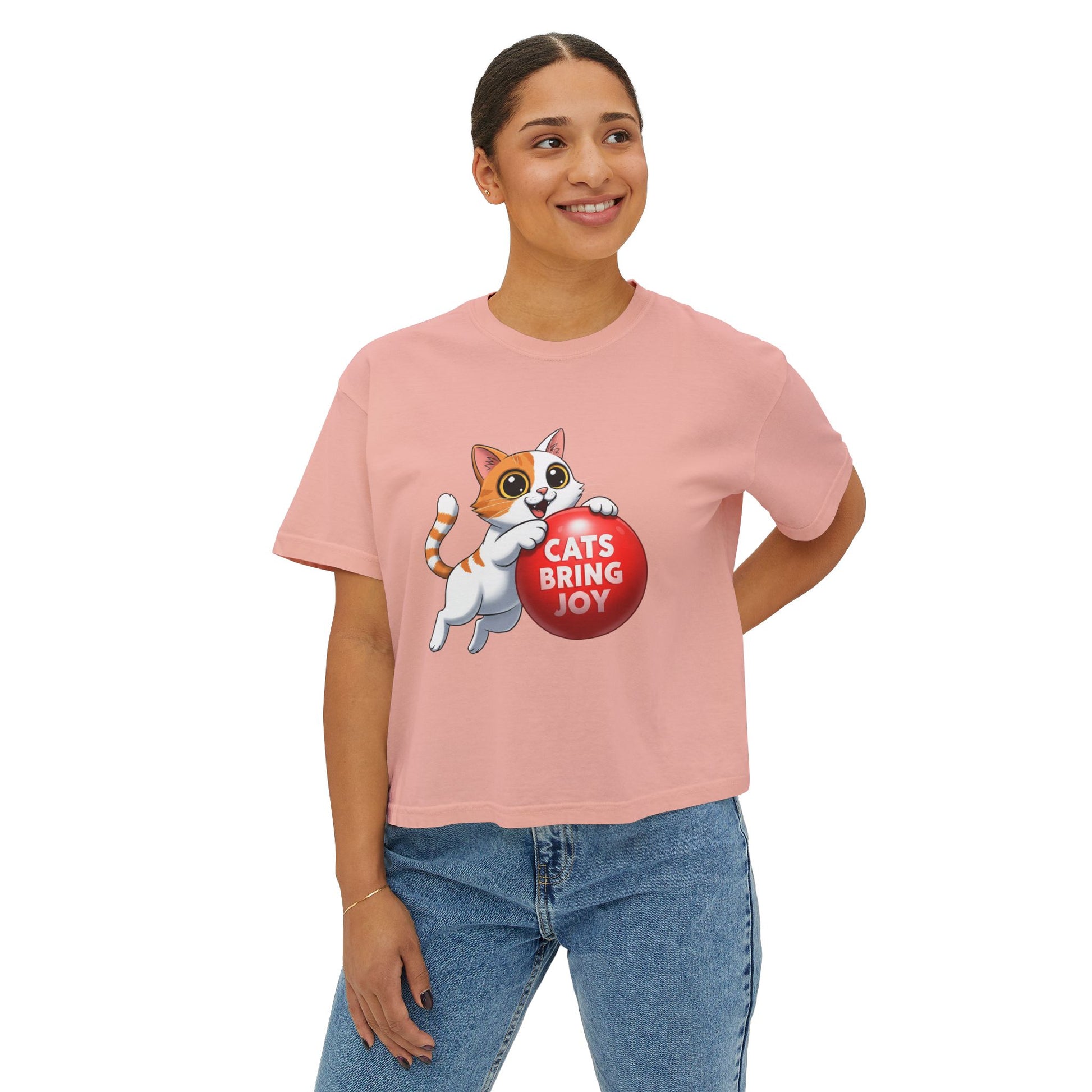 Women's Boxy Tee - 'Cats Bring Joy' Graphic Shirt, Pet Lover Gift, Casual Top, Cat Mom Shirt, Birthday Gift, Animal Lover Apparel