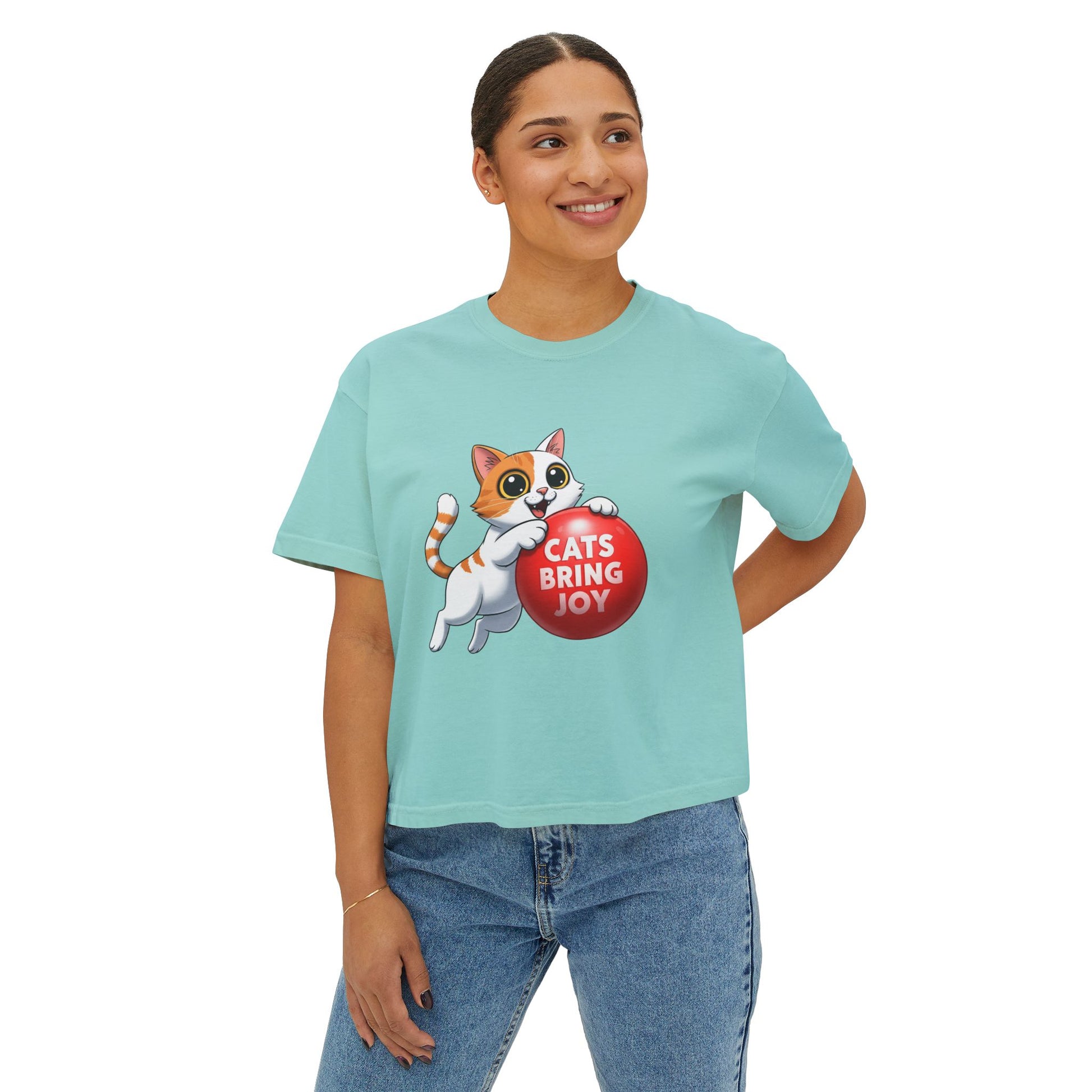 Women's Boxy Tee - 'Cats Bring Joy' Graphic Shirt, Pet Lover Gift, Casual Top, Cat Mom Shirt, Birthday Gift, Animal Lover Apparel