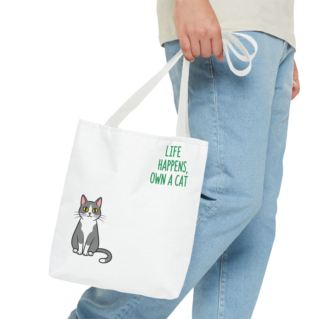 Cat Lover Tote Bag - Life Happens, Own a Cat, Pet Gift, Cat Mom Gift, Animal Lover Accessory, Cute Tote for Cat Owners